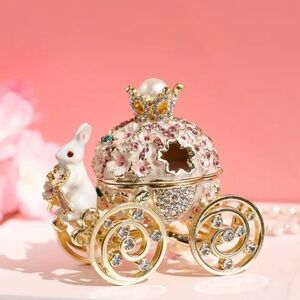 Easter Bunny Carriage Trinket Box Gold White Pink Floral Crystal Keepsake NWT